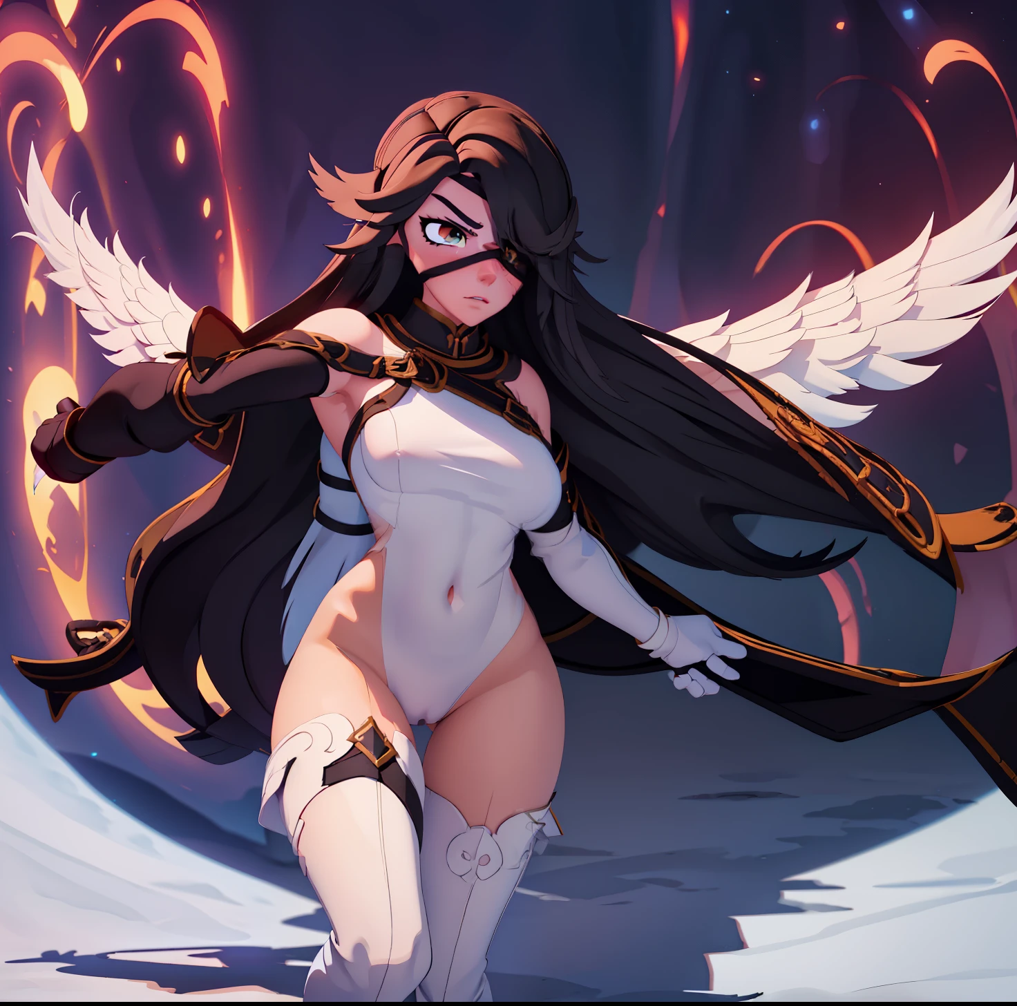 4k, high resolution, best quality, masterpiece, perfect colors, perfect shadows, beautiful and detailed portrait of a (((feminine))), perfect lighting, body black legs from foot to knee,fluffy, fluffy tail, body fur, animal nose,chin fluff, Mane,Big fluffy chest tuft, big fluffy neck tuft,fluffy neck, fluffy chest, Lots of fluff, Beautiful amber eyes, fit body, perfect masculine body, detailed fur, detailed face, ((Bonifasko lighting)), fox tail, (detailed eyes), perfect pupils, Tall, Long black hair, messy long hair, Wide hips, big legs, C cup breasts, Fluffy neck, Huge Fox tail, Arms white, underware, black underware, abs, muscular belly, vicible abs, ((genitalia slip)), ((genitalia overfloenitalia outline on clothing, male genitalia, NSFW, erection, canine genitals, black fur, red ear tips, fox ears, hair over right eye, eye patch over right eye, large black angel wings