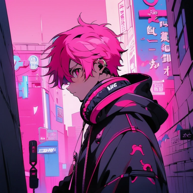 (short-cut), (Two-block hair), (vivid pink hair), (male character), (Red Eyes), (Cool pose), (of the highest quality), (masterpiece), (ultra-detailliert), (Oversized hoodies), (headphones), (Street), (neons), (Camera from a down angle), (Modern City), (neonsデイライト), (Cinematic), (Stylish), (hight resolution), (Hyper Detailed), (Looking at the camera), (Anime-style), (Softtown), (nightcore), (a handsome man), (Listening to music), (natural appearance of the building), (casual), (ig studios anime style),