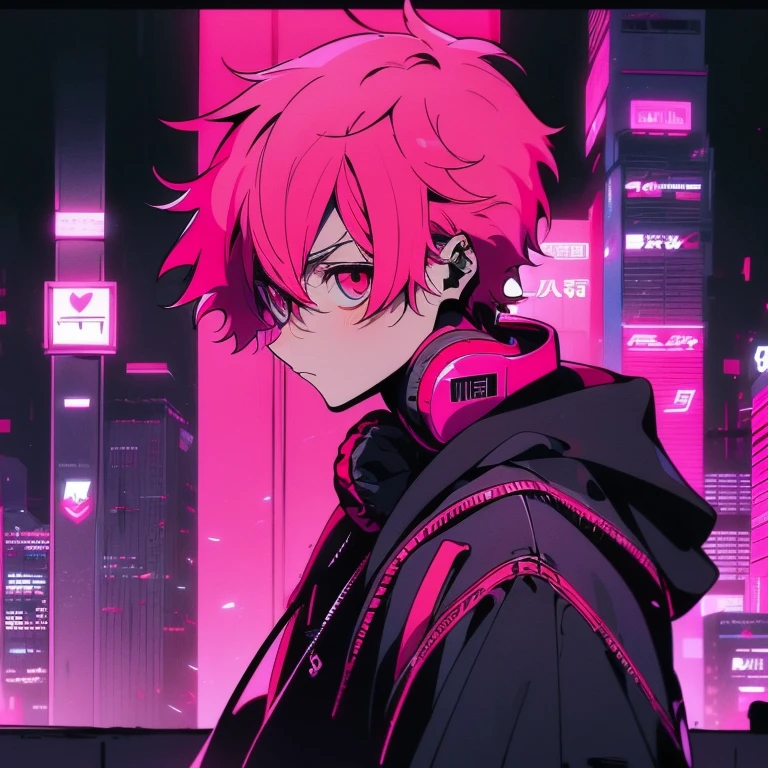 (short-cut), (Two-block hair), (vivid pink hair), (male character), (Red Eyes), (Cool pose), (of the highest quality), (masterpiece), (ultra-detailliert), (Oversized hoodies), (headphones), (Street), (neons), (Camera from a down angle), (Modern City), (neonsデイライト), (Cinematic), (Stylish), (hight resolution), (Hyper Detailed), (Looking at the camera), (Anime-style), (Softtown), (nightcore), (a handsome man), (Listening to music), (natural appearance of the building), (casual), (ig studios anime style),