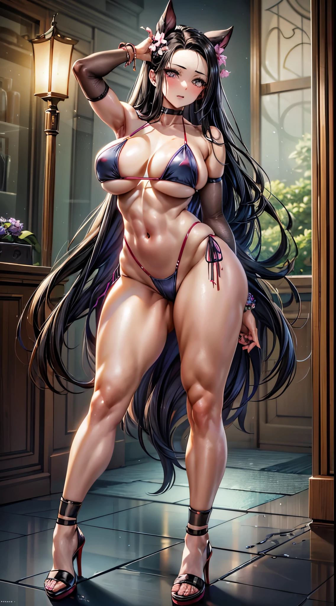Masterpiece, (very sexy bikini), seductive face, good lighting, cleavage, fine details, masterpiece, bright eyes, 1girl, black hair, gag, bamboo, Nezuko Kamado, wisteria background, masterpiece, best quality, Pov, full body, wide hips, NSFW, Skir is located, Shaped legs, muscular belly, wearing black high heel shoes, standing