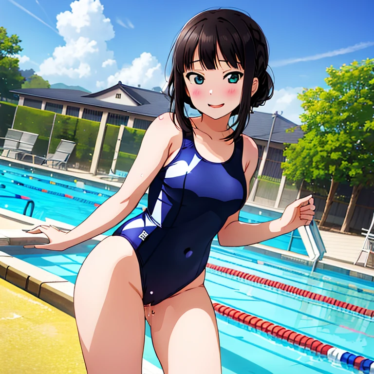 {Best Quality}, {very aesthetic}, {Ultra-detailed}, {Best Illustration}, nsfw, Naughty face, tits out, {nude}, School swim wear, Lots of love juice, Navy blue swimsuit, Japan Student Swimsuit, One Piece Swimsuit, 肩ひもをずらしてtits outを出す, Move your swimsuit and show your pussy