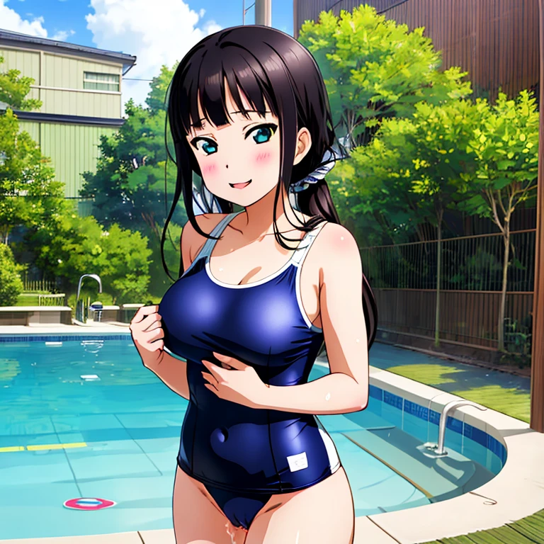 {Best Quality}, {very aesthetic}, {Ultra-detailed}, {Best Illustration}, nsfw, Naughty face, tits out, {nude}, School swim wear, Lots of love juice, Navy blue swimsuit, Japan Student Swimsuit, One Piece Swimsuit, 肩ひもをずらしてtits outを出す, Move your swimsuit and show your pussy