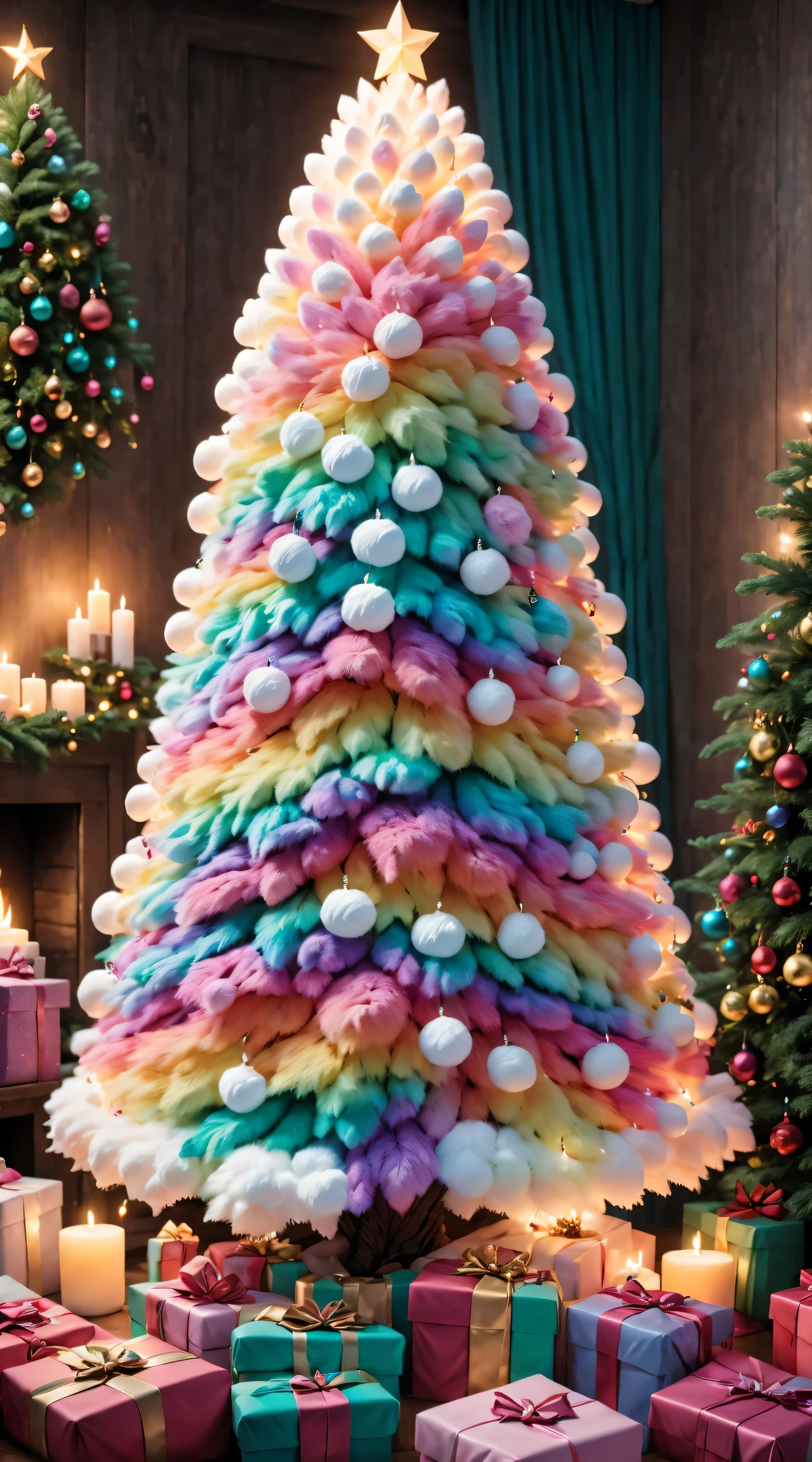 There is a fluffy marshmallow Christmas tree in the room，filled with colorful gifts