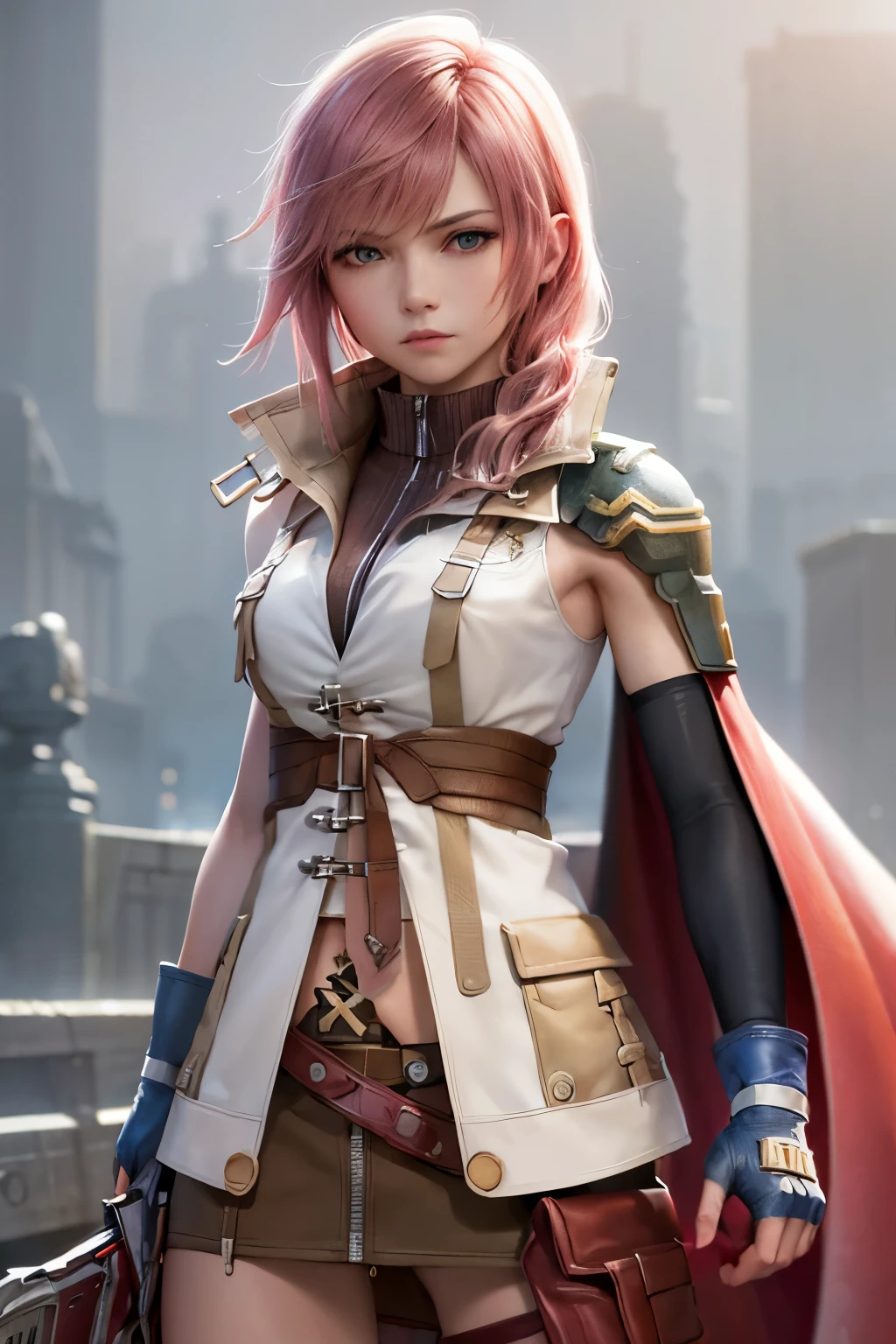 (masterpiece, best quality:1.2), cowboy shot, solo, 1girl, lightning farron, expressionless, closed mouth, sleeveless, shoulder armor, cape, skirt, fingerless gloves