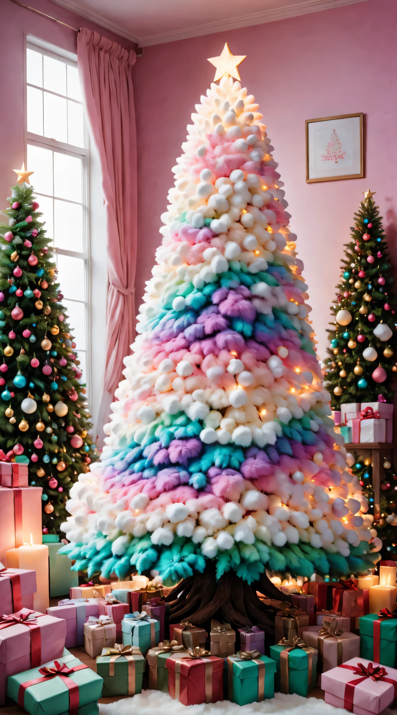 There is a fluffy marshmallow Christmas tree in the room,filled with colorful gifts