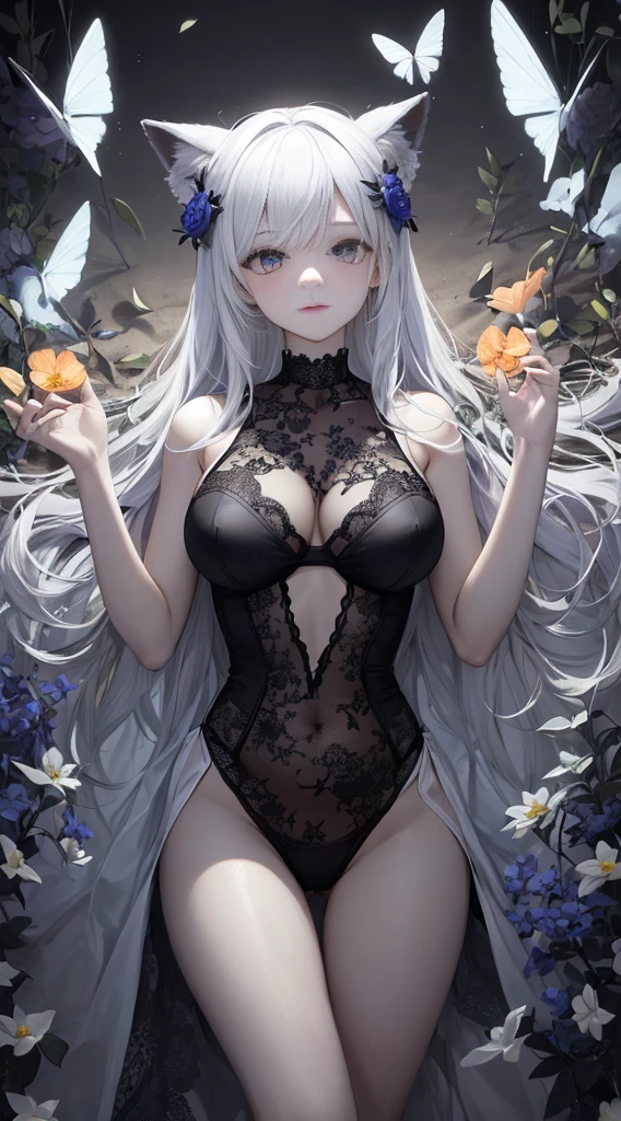 (tmasterpiece:1.1),(Best quality at best:1.1),(HighDynamicRange:1),ambient lights,hyper qualit,( Super detailed original image),(1个Giant Breast Girl, full bodyesbian),((harajuku fashion)),((flower with human eyes, flower eyes)),double contact,流体抽象Artistically的融合,Glitching,(Original illustration composition),(Limited color blending, 极简Artistically风格, 几何Artistically风格, butterflys, Artistically),Black sexy lace lingerie