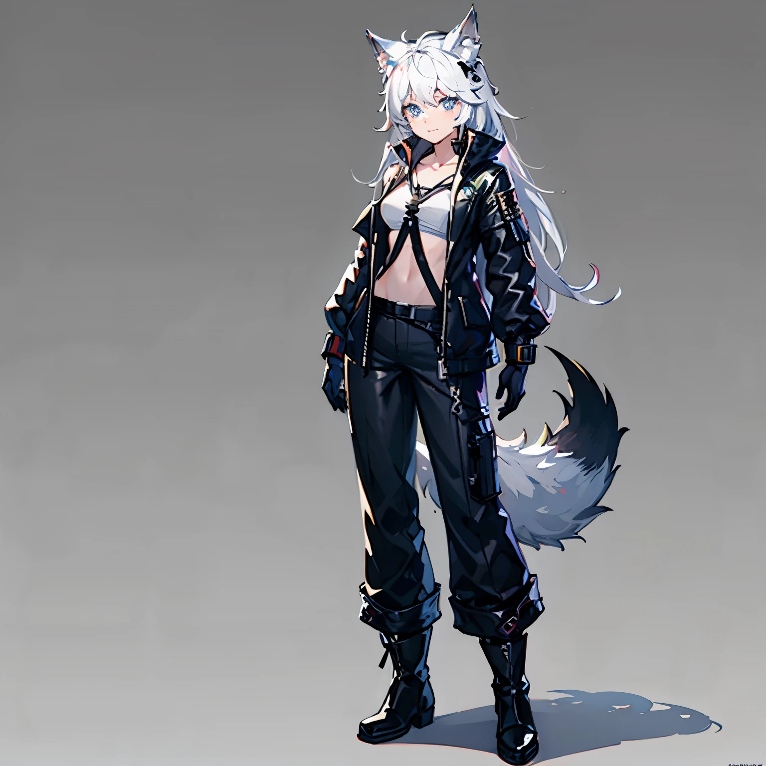 8k resolution, high quality, high resolution, best quality, best resolution, absurd resolution, ray tracing, high detailed, masterpiece, shoulder length white hair, female,white wolf ears, teenage girl, slim body, white scale dragon tail,black combat boots,dark camo pants, black t-shirt, white jacket, medium size chest, detailed blue eyes, beautiful face,solo female