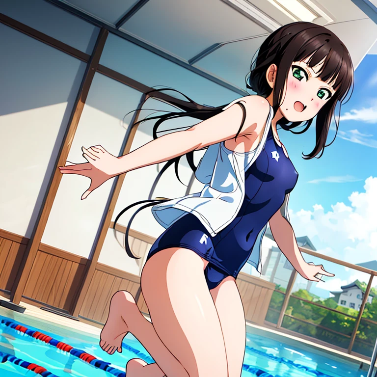 {Best Quality}, {very aesthetic}, {Ultra-detailed}, {Best Illustration}, nsfw, Naughty face, tits out, {nude}, School swim wear, Lots of love juice, Navy blue swimsuit, Japan Student Swimsuit, One Piece Swimsuit, 肩ひもをずらしてtits outを出す
