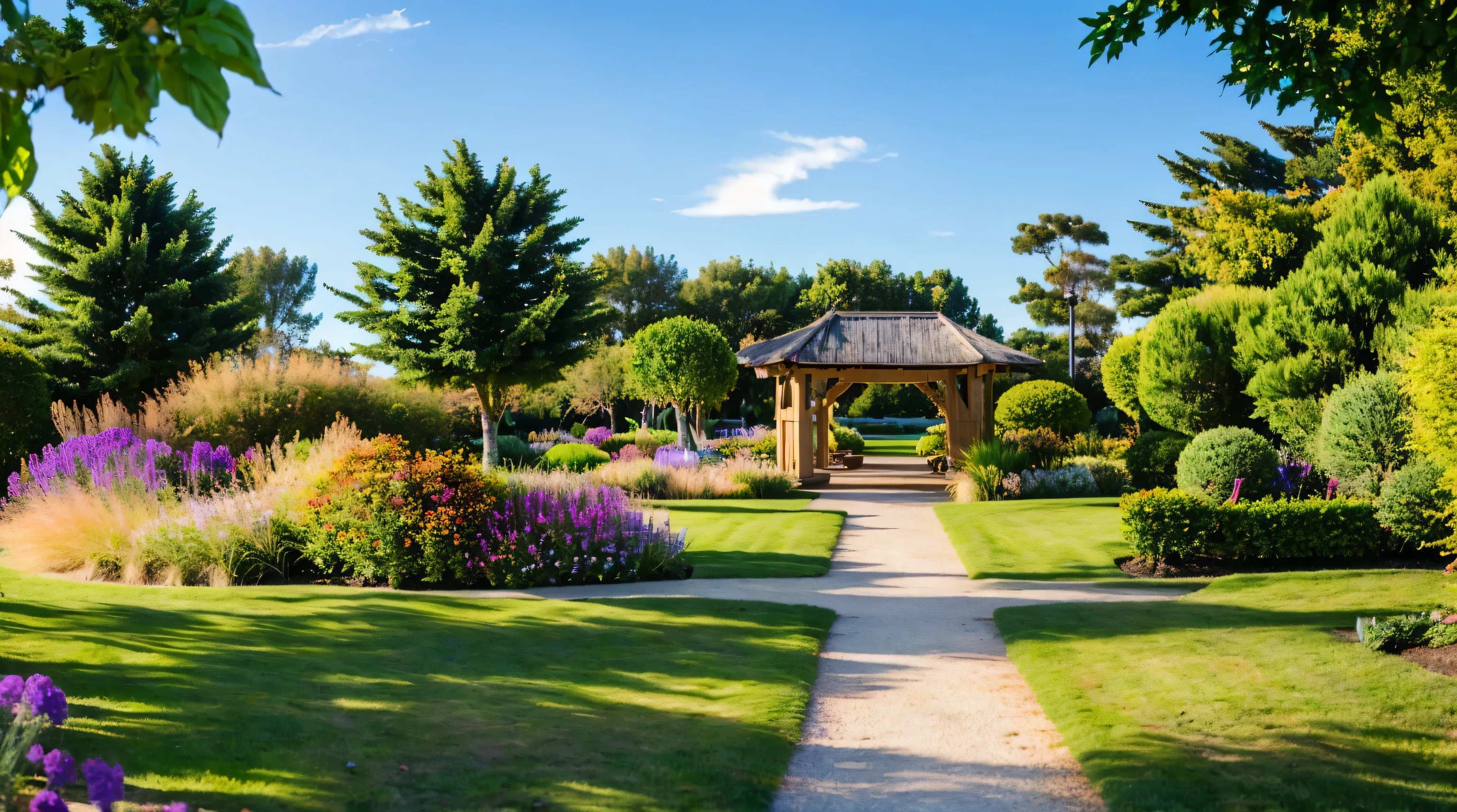 (Best quality at best, 4K, A high resolution, tmasterpiece:1.2, ultra - detailed, actual:1.37), lively flower, tropical garden with a gazebo at the center, Complex shadows:1.2, Ray traching:1.3, Enhance contrast:1.3, tropical garden, flowers in full bloom, Wide- angle view, Enjoying The Scenery