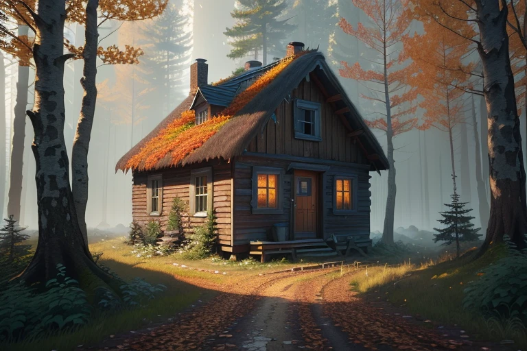 a small abandoned cottage in the middle of a fall forest, lonely, HD, (extremely detailed CG unity 8k wallpaper), (best quality), (best illustration), (best shadow)