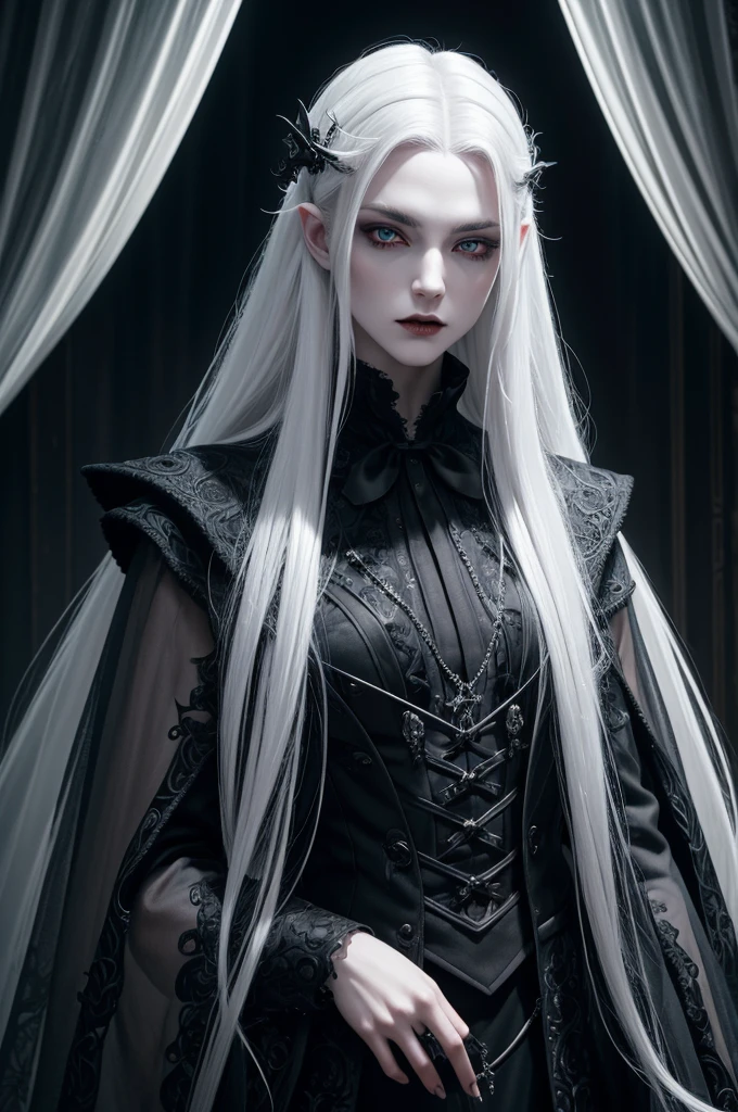 Insanely detailed photograph of a gorgeous vampire man, goth Renaissance, long voluminous white hair, intricate white  eyes, fantastical, vampire, ethereal, hyperdetailed, 32k resolution, dynamic lighting, hyperdetailed, intricately detailed, trending on Artstation, triadic colors, volumetric lighting, BalenciagaStyle