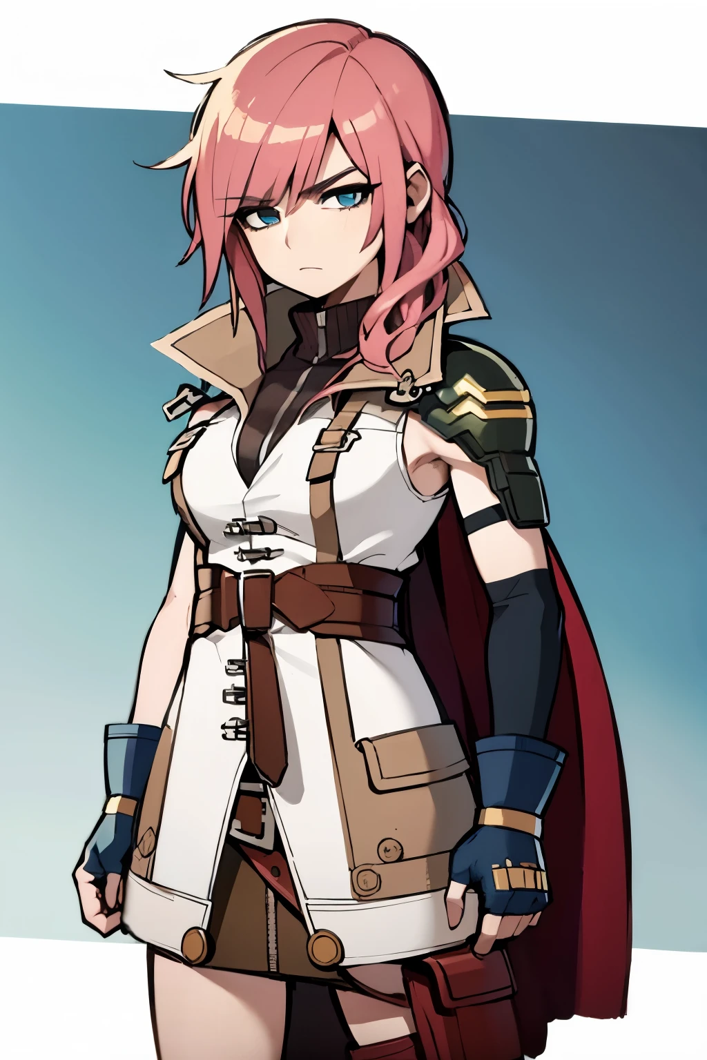 (masterpiece, best quality:1.2), cowboy shot, solo, 1girl, lightning farron, expressionless, closed mouth, sleeveless, shoulder armor, cape, skirt, fingerless gloves