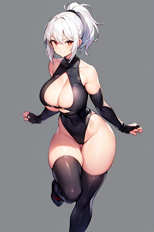 1girl, white hair, breasts, large breasts, wide hips, high ponytail, ponytail, long ponytail, pixie cut, very short hair, leotard, black leotard, cleavage cutout, underboob cutout, sleeveless, elbow gloves, fingerless gloves, thighhighs, smile, full body, ((full body)), standing