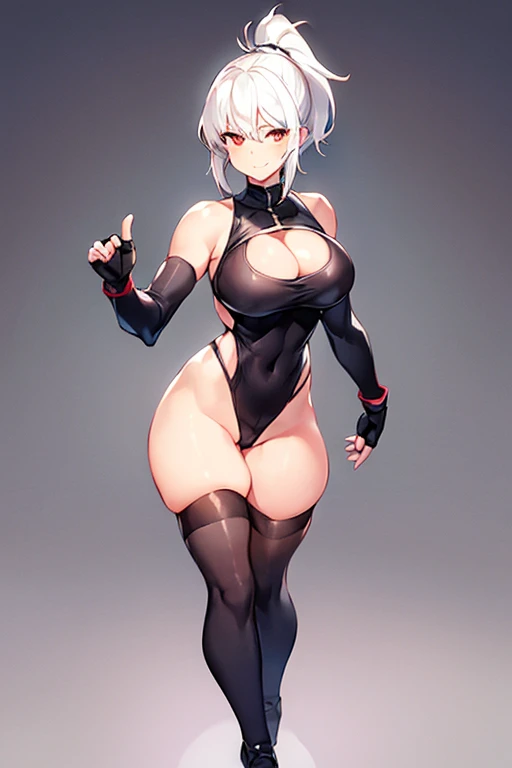 1girl, white hair, breasts, large breasts, wide hips, high ponytail, ponytail, long ponytail, pixie cut, very short hair, leotard, black leotard, cleavage cutout, underboob cutout, sleeveless, elbow gloves, fingerless gloves, thighhighs, smile, full body, ((full body)), standing