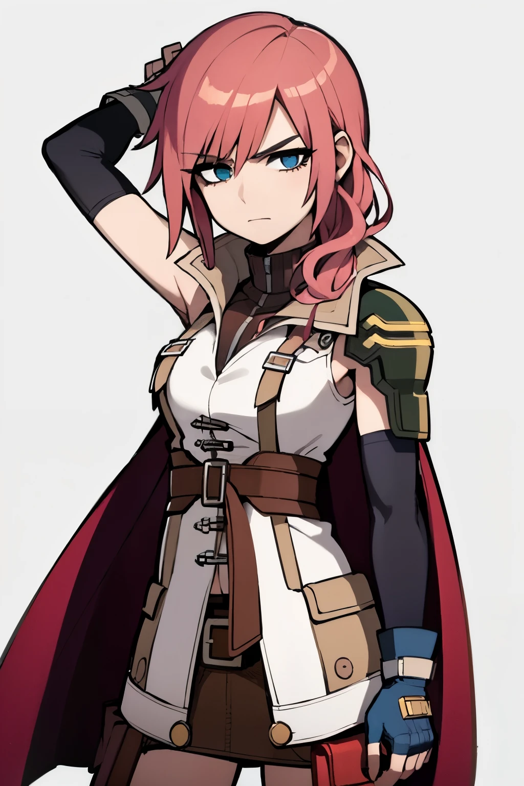 (masterpiece, best quality:1.2), cowboy shot, solo, 1girl, lightning farron, expressionless, closed mouth, sleeveless, shoulder armor, cape, skirt, fingerless gloves