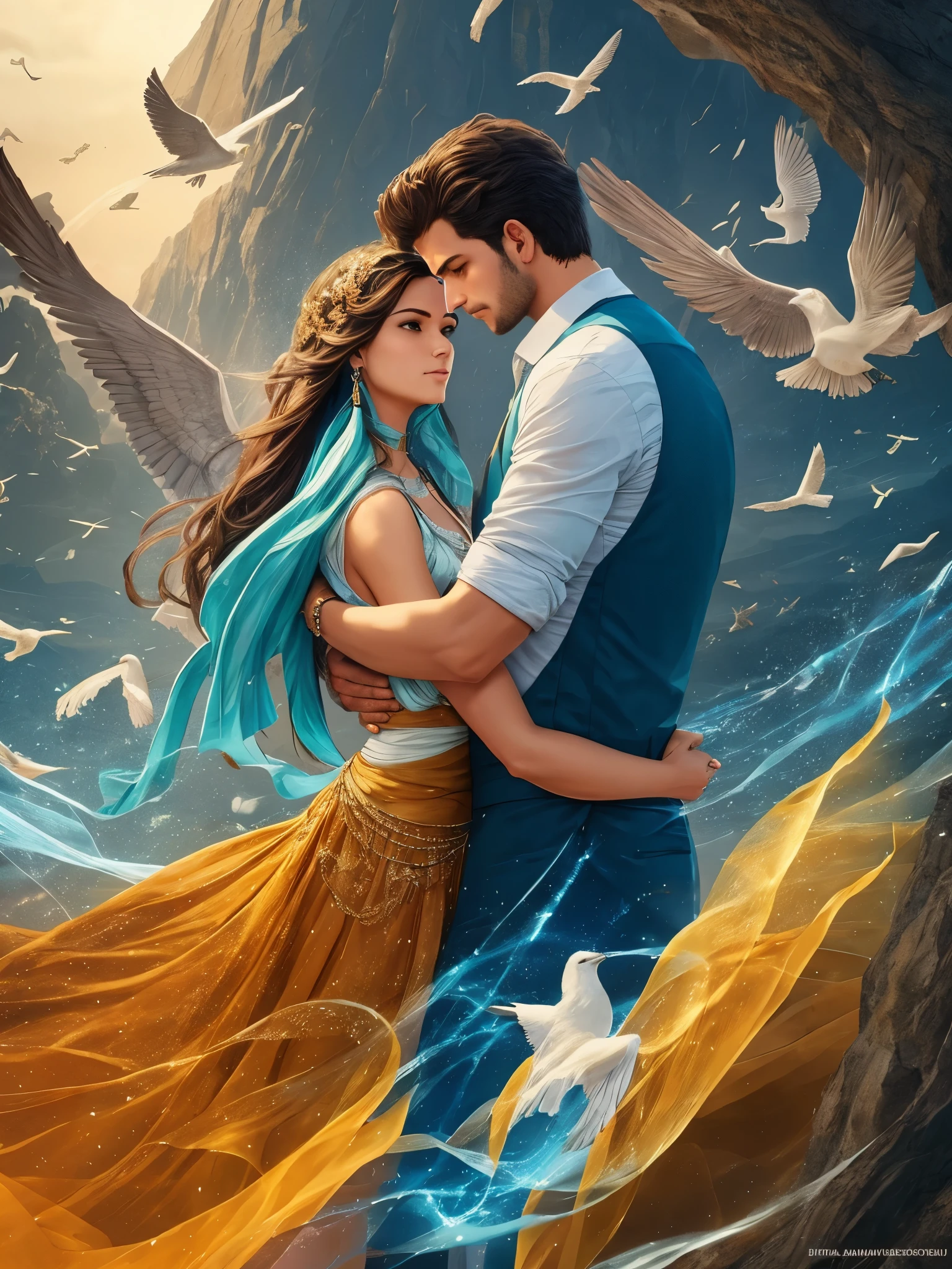 A man bird and a woman bird, with a shattered soul, suas penas outrora vibrantes, agora opacas e sem vida enquanto vagueia por um deserto desolado, em busca de sua alma perdida.