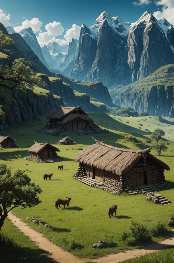 Nature, Open Field, High Fantasy, Dark Fantasy, Some Primitive Tribal Dwellings