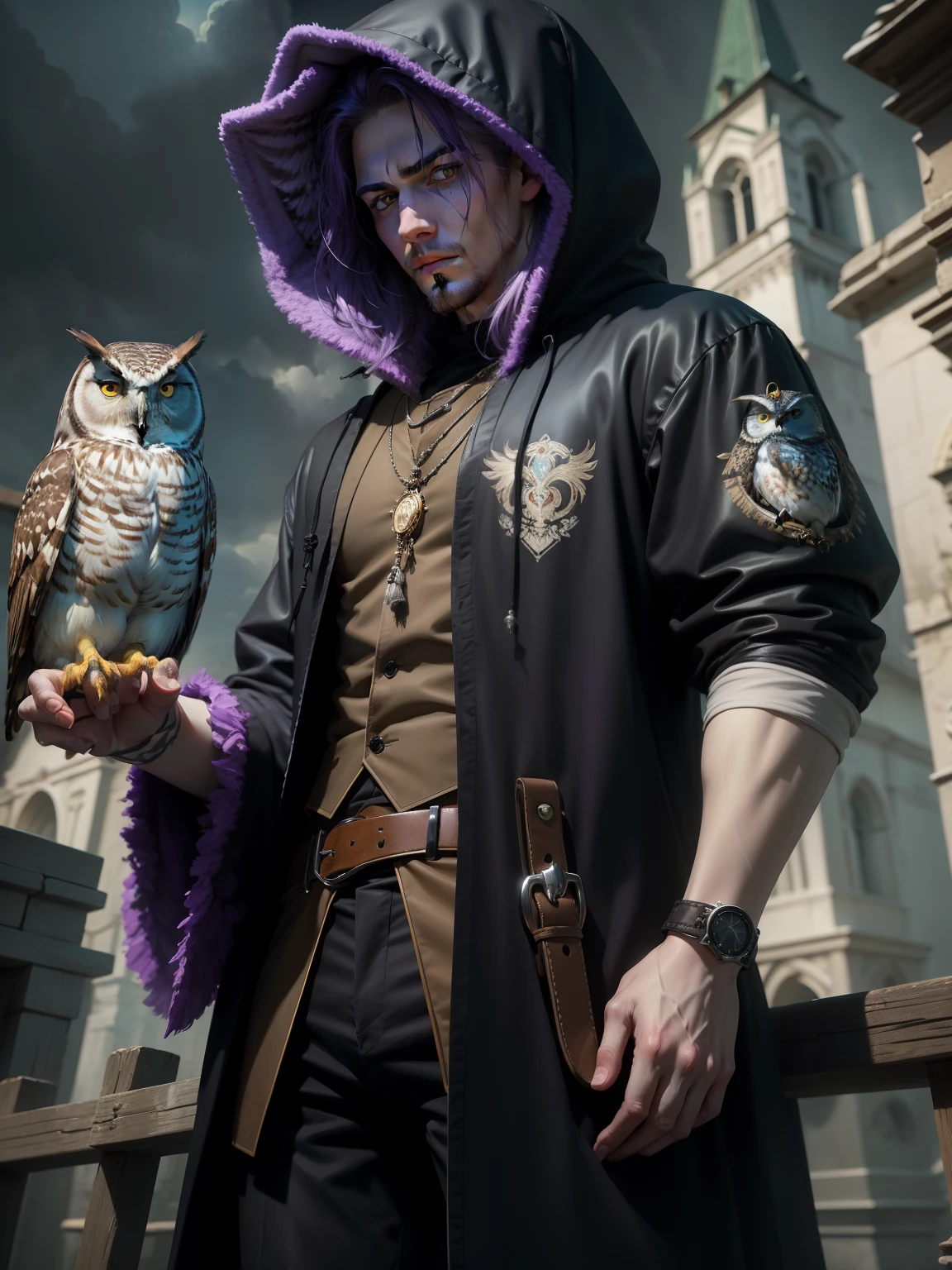 Fechin,Impressionism,hyper HD, high resolution, High detail, Best quality, Masterpiece,Oil paints,acrycle painting, masterpiece,Renaissance style,best qualtiy, a rogue with godless eyes,rogue clothes, (owl standing on should)++, an owl looked at the man,gloomy sky, purple hair, hood, male, owl+, dark clothes, pale+, white skin, spooky++