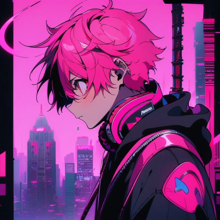(short-cut), (Two-block hair), (vivid pink hair), (male character), (Red Eyes), (pretty pose), (of the highest quality), (masterpiece), (ultra-detailliert), (Oversized hoodies), (headphones), (Street), (neons), (Camera from a down angle), (Modern City), (neonsデイライト), (Cinematic), (Stylish), (hight resolution), (Hyper Detailed), (Looking at the camera), (Anime-style), (Softtown), (nightcore), (a handsome man), (Listening to music), (natural appearance of the building), (casual), (ig studios anime style),