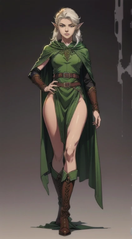 no background, background clean, standing character full body ((solo)), elf female beautiful adult, perfect slim body, beautiful charming cute face, serious face, long white hair, pretty detail eyes, beautiful detailed lips, extremely detailed eyes and face, green armor full plate, green cloak, leather boots