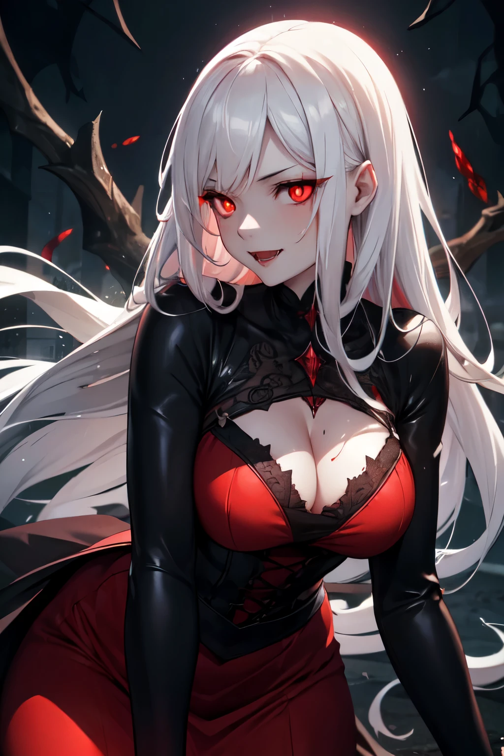 (High quality, High resolution, Fine details), Realistic, Vampiress, night scene, moonlight, (dark shadows), gloomy atmosphere, mysterious aura, (silhouette), cobwebs, BREAK (blood-red dress:1.2), (vivid red lips), BREAK (pale white skin), (sharp fangs:1.2), witch-like beauty, ominous background, horror, gothic style, dramatic lighting, solo, curvy women, BREAK white hair, BREAK (Glowing red eyes:1.5), (Detailed eyes), smile, blush, Sweat, Oily skin, shallow depth of field