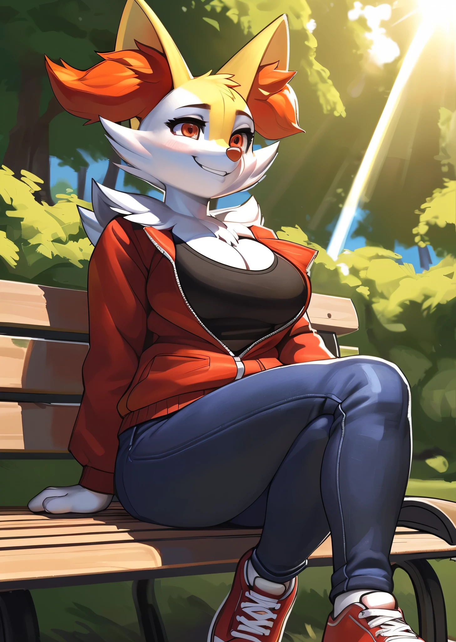 [Braixen], [pokemon], [Uploaded to e621.net; (wamudraws), (Pixelsketcher), (mayosplash)], ((masterpiece)), ((HD)), ((solo portrait)) ((front view)), ((full body)), ((furry art)), ((detailed fur)), ((detailed shading)), ((beautiful render art)), {female anthro fox; (yellow, red, and black fur), red ear fluff, (cute bright orange eyes), (medium boobs), (curvy hips), (beautiful legs), (cute smile)}, {(red jacket), (black tee shirt), (cleavage), (tight blue jeans), (red sneakers)}, {(sitting on bench), (hands in lap), (crossed legs)}, [background; (blue sky), (park), (trees), (sun rays)]