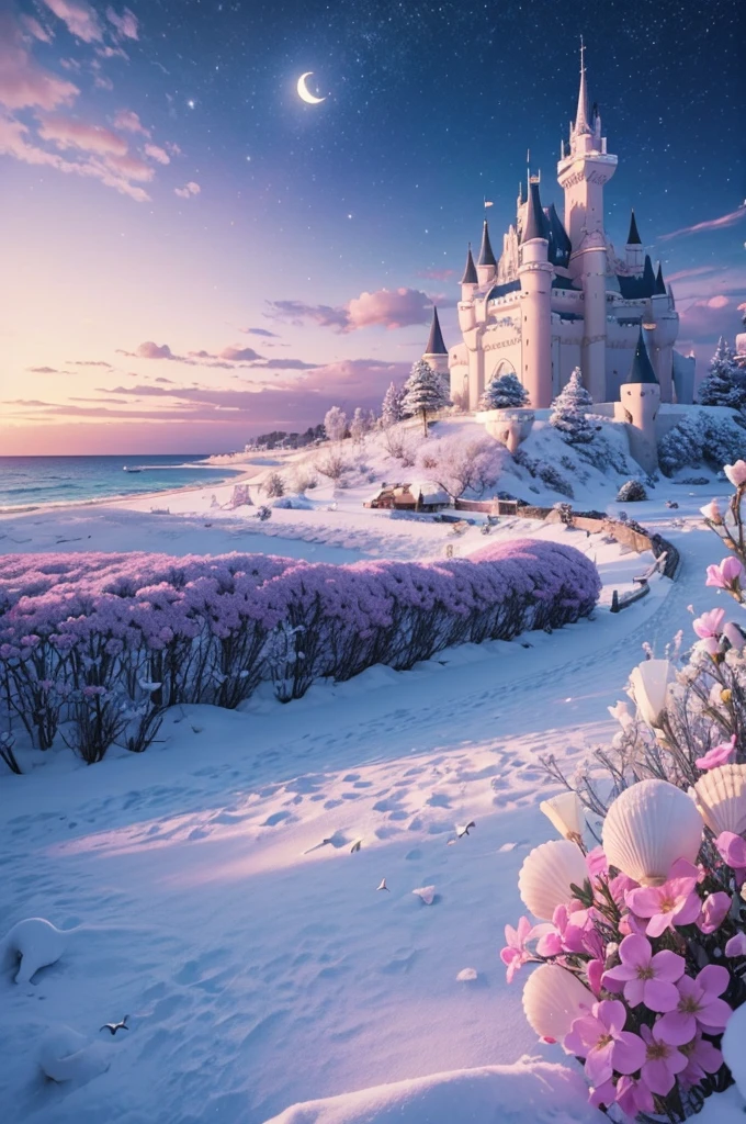 Castle, flowers, delicate scene, sky, white clouds, and sunlight shine on the snow-white beach. birds, pink flowers and bright big shells, diamond crystal, on the beach, fantasy, night sky, moon, smoke, fire, photo, HD, 8K, UHD, super detail, high quality, 1080P
