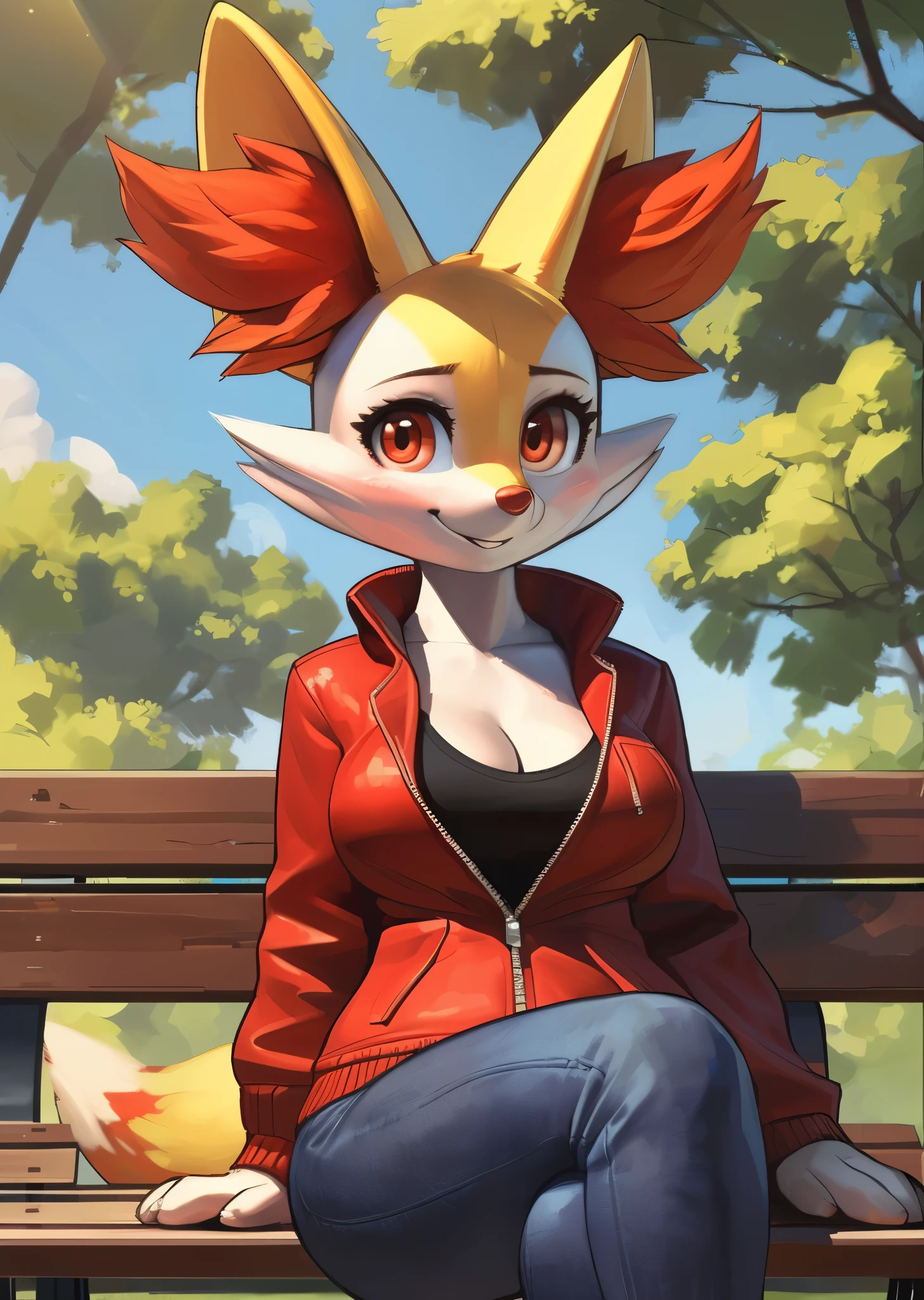 [Braixen], [pokemon], [Uploaded to e621.net; (wamudraws), (Pixelsketcher), (mayosplash)], ((masterpiece)), ((HD)), ((solo portrait)) ((front view)), ((full body)), ((furry art)), ((detailed fur)), ((detailed shading)), ((beautiful render art)), {female anthro fox; (yellow, red, and black fur), red ear fluff, (cute bright orange eyes), (medium boobs), (curvy hips), (beautiful legs), (cute smile)}, {(red jacket), (black tee shirt), (cleavage), (tight blue jeans), (red sneakers)}, {(sitting on bench), (hands in lap), (crossed legs)}, [background; (blue sky), (park), (trees), (sun rays)]