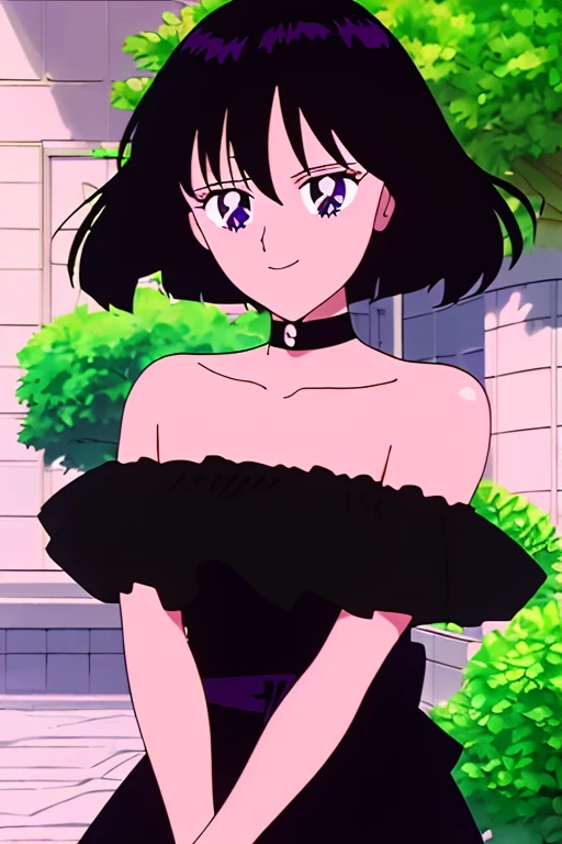 anime screencap, garden background, outside, sunny day, 1 girl, solo, hand on the sides, short hair, black hair, bob cut, purple eyes, black dress, Black Ruffle Off-the-Shoulder Top, Black Off-the-Shoulder Dress, Strapless black Dress, bare arms, longer skirt, sleeveless, bare shoulders, smile, standing up, looking at viewer, hair between eyes, close up portrait, high quality, masterpiece