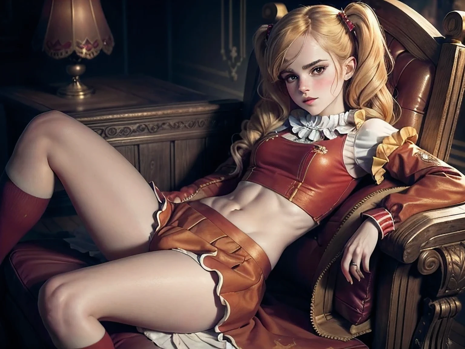 masterpiece. a beautiful  emma watson dressed as girl clown with red paint. blonde, twintails. intricate tight short uniform, crop top. dark ambient. on a royal throne.