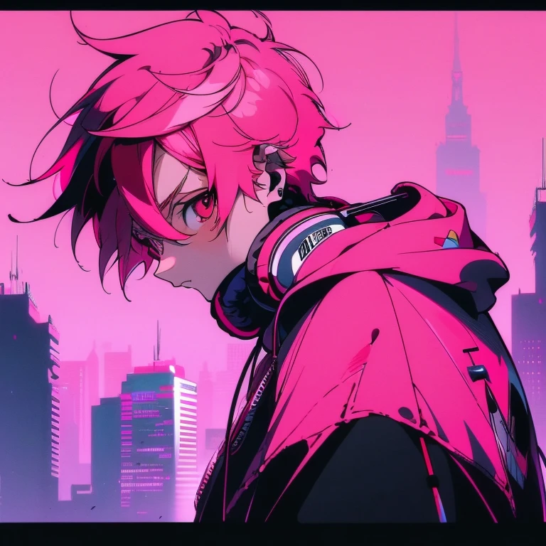 (short-cut), (Two-block hair), (vivid pink hair), (male character), (Red Eyes), (pretty pose), (of the highest quality), (​masterpiece), (ultra-detailliert), (Oversized hoodies), (headphones), (Street), (neons), (Camera from a down angle), (Modern City), (neonsデイライト), (Cinematic), (Stylish), (hight resolution), (Hyper Detailed), (Looking at the camera), (Anime-style), (Softtown), (nightcore), (a handsome man), (Listening to music), (natural appearance of the building), (casual), (ig studios anime style),