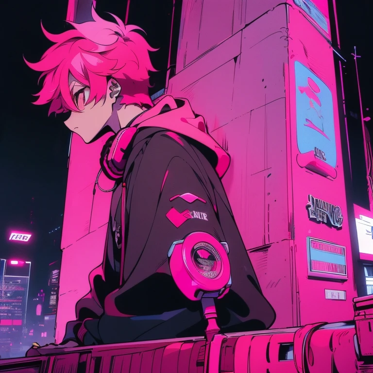 (short-cut), (Two-block hair), (vivid pink hair), (male character), (Red Eyes), (pretty pose), (of the highest quality), (​masterpiece), (ultra-detailliert), (Oversized hoodies), (headphones), (Street), (neons), (Camera from a down angle), (Modern City), (neonsデイライト), (Cinematic), (Stylish), (hight resolution), (Hyper Detailed), (Looking at the camera), (Anime-style), (Softtown), (nightcore), (a handsome man), (Listening to music), (natural appearance of the building), (casual), (ig studios anime style),