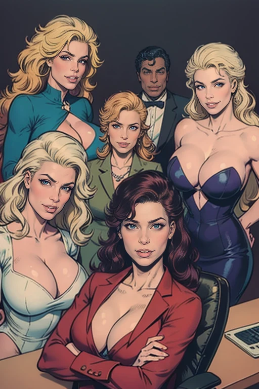 group picture,multiple girls,5girls,looking at viewer ,realistic,shiny skin,(office lady),opened business suit,white strapcleavage,(beautiful face),(masterpiece, high quality:),gigantic breasts, motherly, porcelain skin, honey blonde hair, very long hair, wavy hair,mature female,