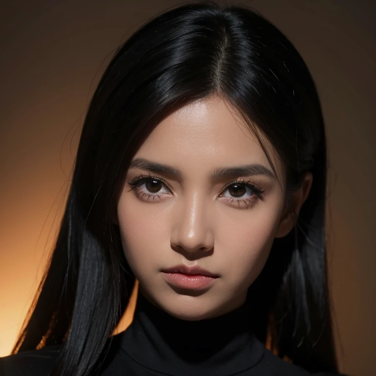 Mujer pelinegra con ojos negros, retrato realista