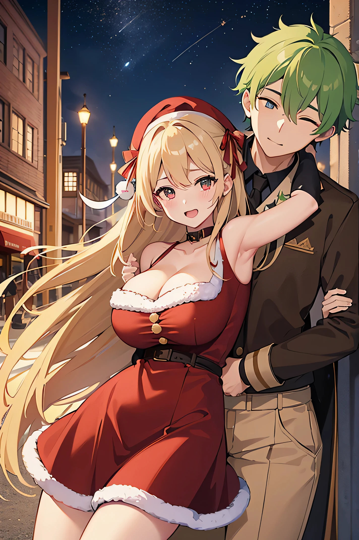 (top-quality、hight resolution、8K、masterpiece:1.2)。Please describe the huge Christmas tree at the night date spot.。 Many happy couples hugging each other'shoulder、See the Christmas tree。(Beauty 1:Sexy Santa Claus Cosplay。Carry presents in a white bag。Santa's Hat。cleavage of the breast。a miniskirt。Brown boots。holly hairpin。green and red ribbon。)The date spot is near the port、Factories and work boats look beautiful in the night view.。Stars shining in the night sky々。Meteor swarm。illuminations。Million Dollar Night View。