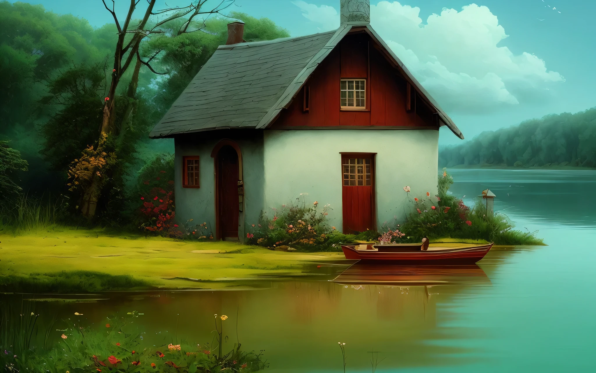 painting of a house on a lake with a boat in the water, casinha, inspired Directed by: Gediminas Pranckevicius, inspirado em Evgeny Lushpin, Jantar tranquilo, idyllic little house, inspirado em Grzegorz Domaradzki, casinha, pintura detalhada 4K, Directed by: Gediminas Pranckevicius