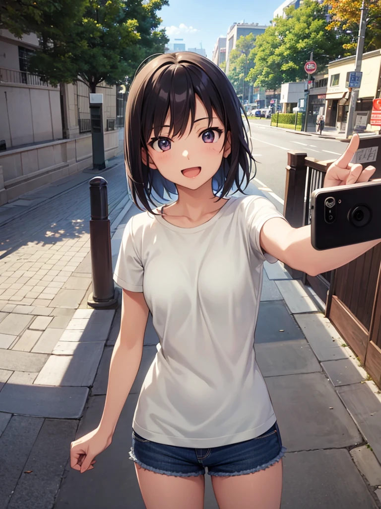 (Flat Color: 0.8), (Masterpiece: 1,2), (Masterpiece: 1,2), Hi-Res, Ultra High Detail, Best Quality, High Resolution, Ultra-fine Illustration, Makoto Shinkai Style, Your Name Is Style, Short Bob, 3 Women, Plain Clothes, Laughing, Big, Dynamic Pose, Selfie, Upper Body