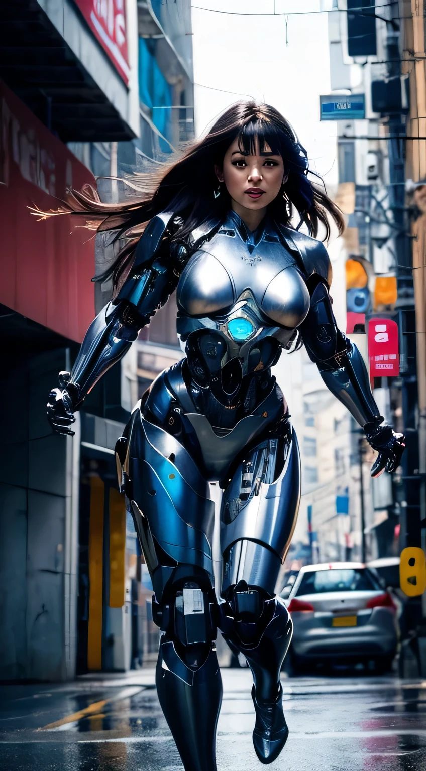 1girl in, Solo, japanaese girl, (((cyborgs:1.4))), cyborgs girl, cyborgs armor, cyborgs clothes, Beautiful detailed eyes, Fine details, Bright pupils, Turquoise eyes, Full body, Big breasts:1.2, (( (Floating hair))), Looking at Viewer, subjective, female focus, Puffy eyes, Long hair, Gorgeous hair, Air bangs, Dynamic Pose, Dynamic Angle, Beautiful face, Detailed face, Big breasts, Exposed breasts, thin waist, Crotch gap, Open thighs, battle posture, Fighting Pose, Running forward, Running, plein air, Movie Lighting, Cyberpunk world, Modern metropolis, neons, sci-fi style, flying beams, Laser beam,