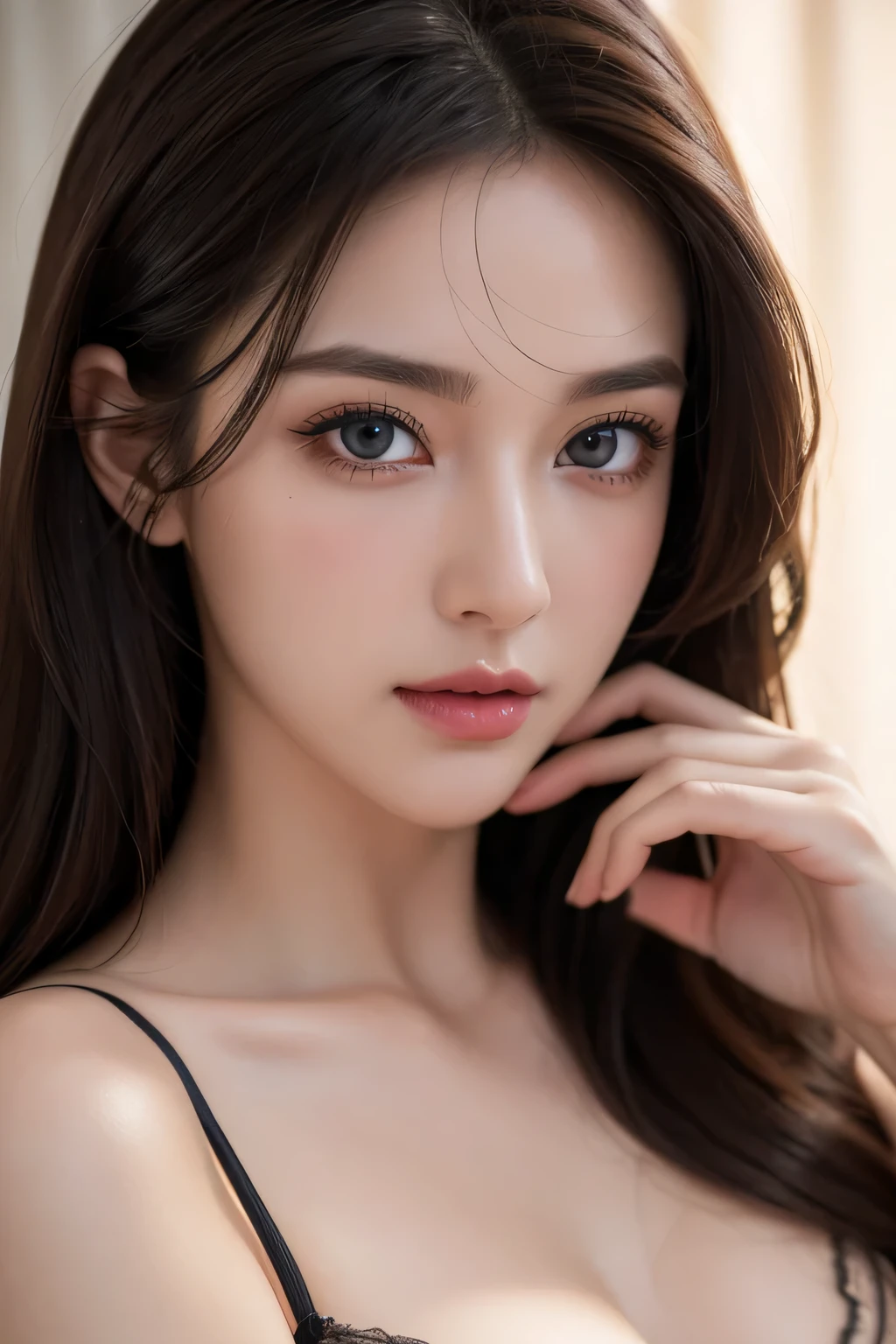 best quality,ultra-detailed,realistic,(HDR,UHD),portrait,beautiful detailed eyes,beautiful detailed lips,extremely detailed eyes and face,long eyelashes,long hair,dark brown hair,lingerie,sexy pose,anal plug,vivid colors,soft lighting