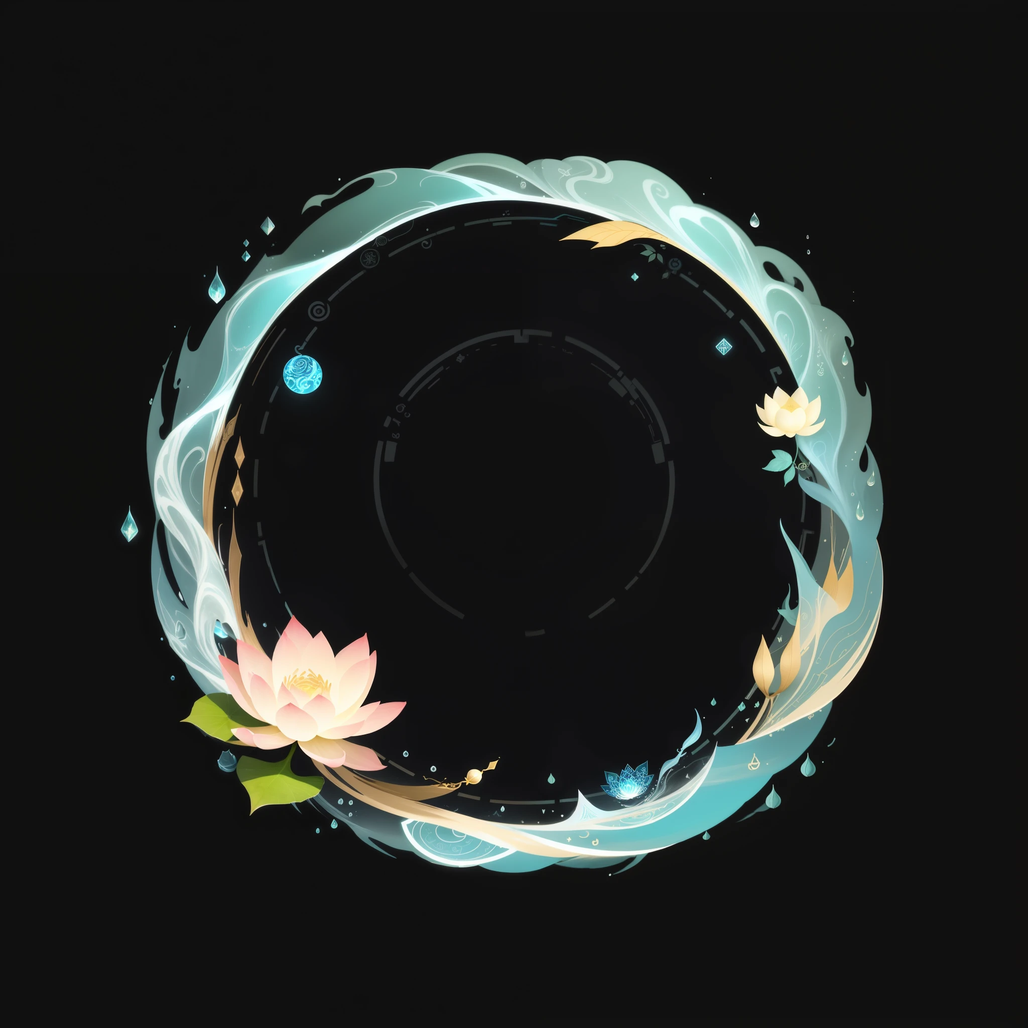 Lotus lotus leaf round object close-up, 头像框，water elemental, Ouroboros, enso, game assets, ability image, character Pictograms, Ori, Mana flows around it, Deviantate Eka&#39;portal, game Pictograms asset, Jiuru, round background, ✨🕌🌙, stylized art, clean artstyle, fantasy game spell symbol, Pictograms, 9K