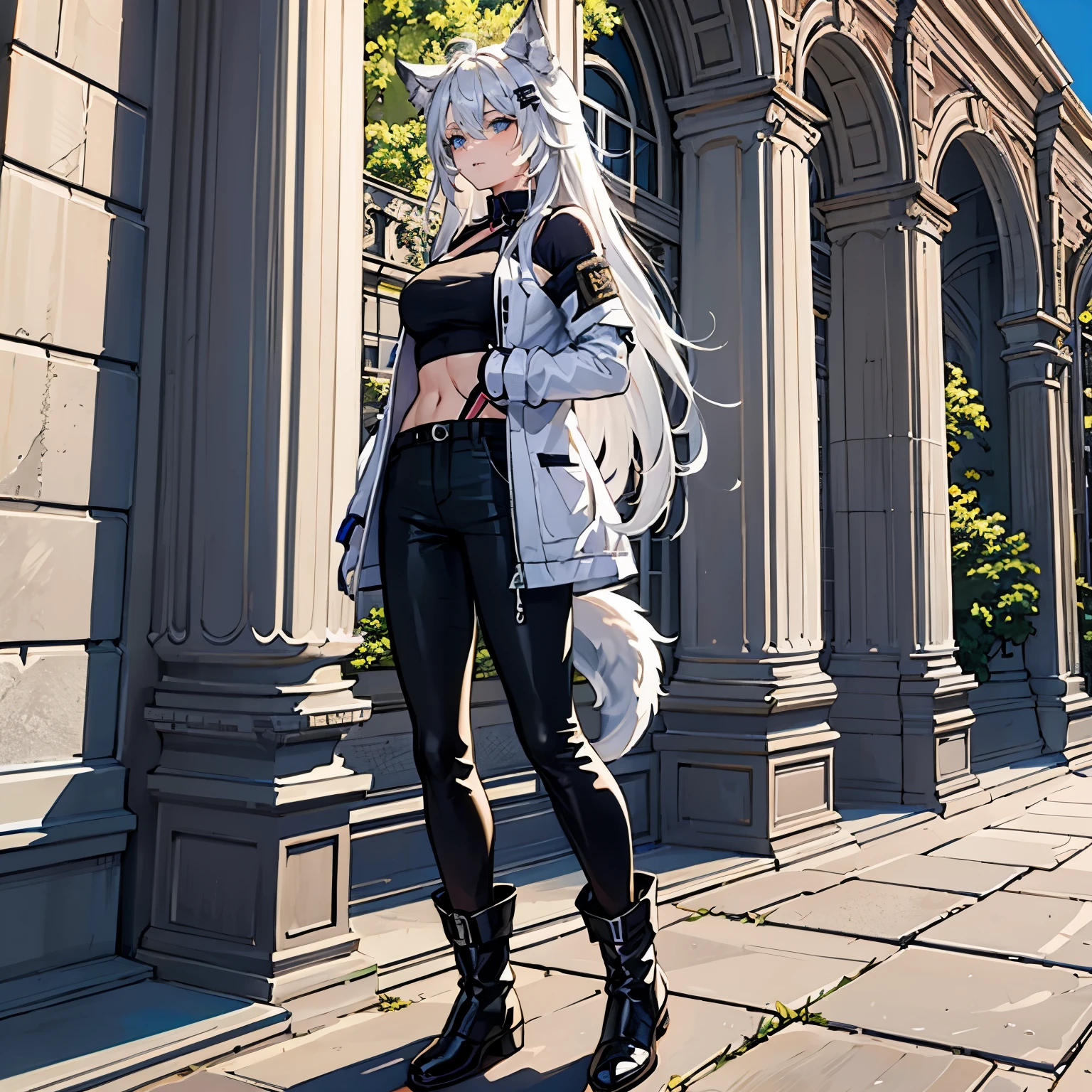 8k resolution, high quality, high resolution, best quality, best resolution, absurd resolution, ray tracing, high detailed, masterpiece, shoulder length white hair, female,white wolf ears, teenage girl, slim body, white scale dragon tail,black combat boots,dark camo pants, black t-shirt, white jacket, medium size chest, detailed blue eyes, beautiful face,solo female