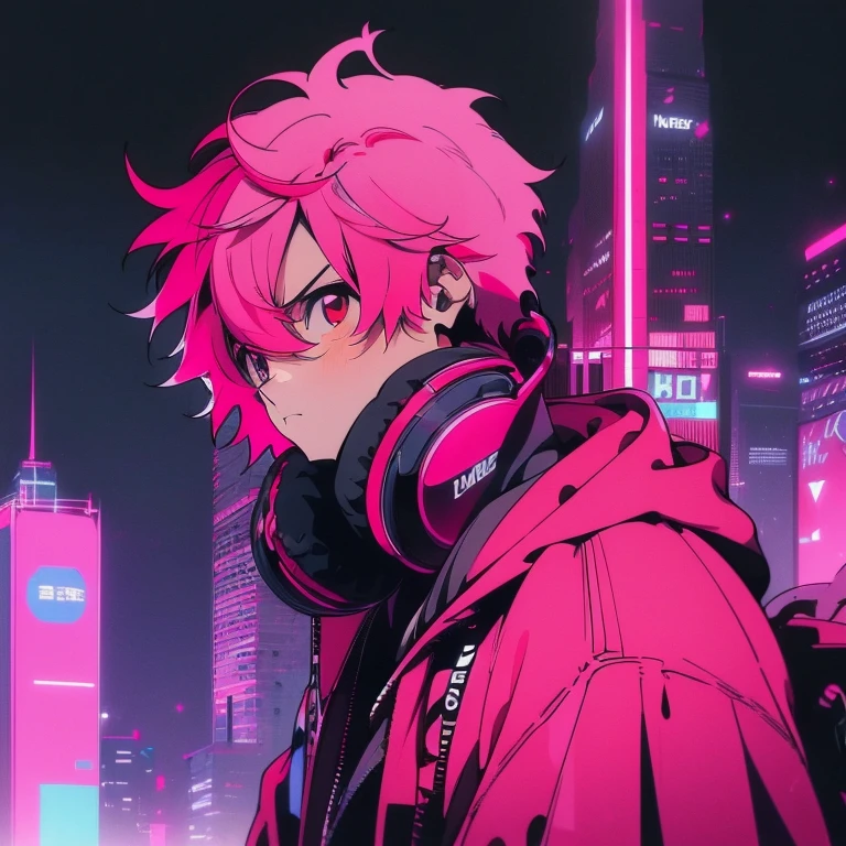 (short-cut), (Two-block hair), (vivid pink hair), (male character), (Red Eyes), (Cool pose), (of the highest quality), (​masterpiece), (ultra-detailliert), (Oversized hoodies), (headphones), (Street), (neons), (Camera from a down angle), (Modern City), (neonsデイライト), (Cinematic), (Stylish), (hight resolution), (Hyper Detailed), (Looking at the camera), (Anime-style), (Softtown), (nightcore), (a handsome man), (Listening to music), (natural appearance of the building), (casual), (ig studios anime style),