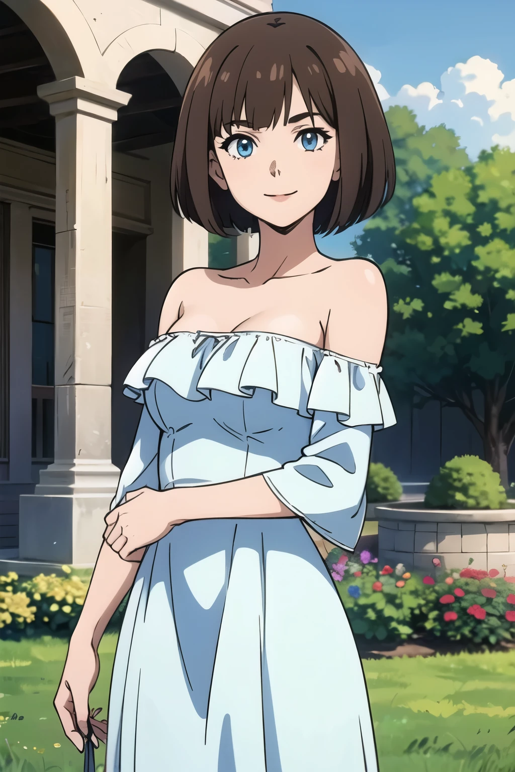 Bianca, brown hair, bob cut, medium hair, blue eyes, soft skin, smile, Light Blue Dress, Strapless Light Blue Dress, Ruffle Off-the-Shoulder Top, Off-the-Shoulder Dress, Long Skirt, anime, masterpiece, best illustration, 2d, very high resolution, 1girl, garden background.