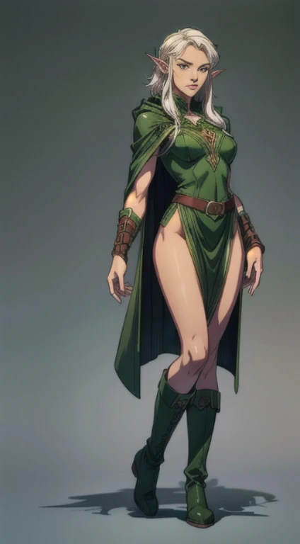 no background, background clean, standing character full body ((solo)), elf female beautiful adult, perfect slim body, beautiful charming cute face, serious face, long white hair, pretty detail eyes, beautiful detailed lips, extremely detailed eyes and face, green ranger, green cloak, bare legs, leather boots
