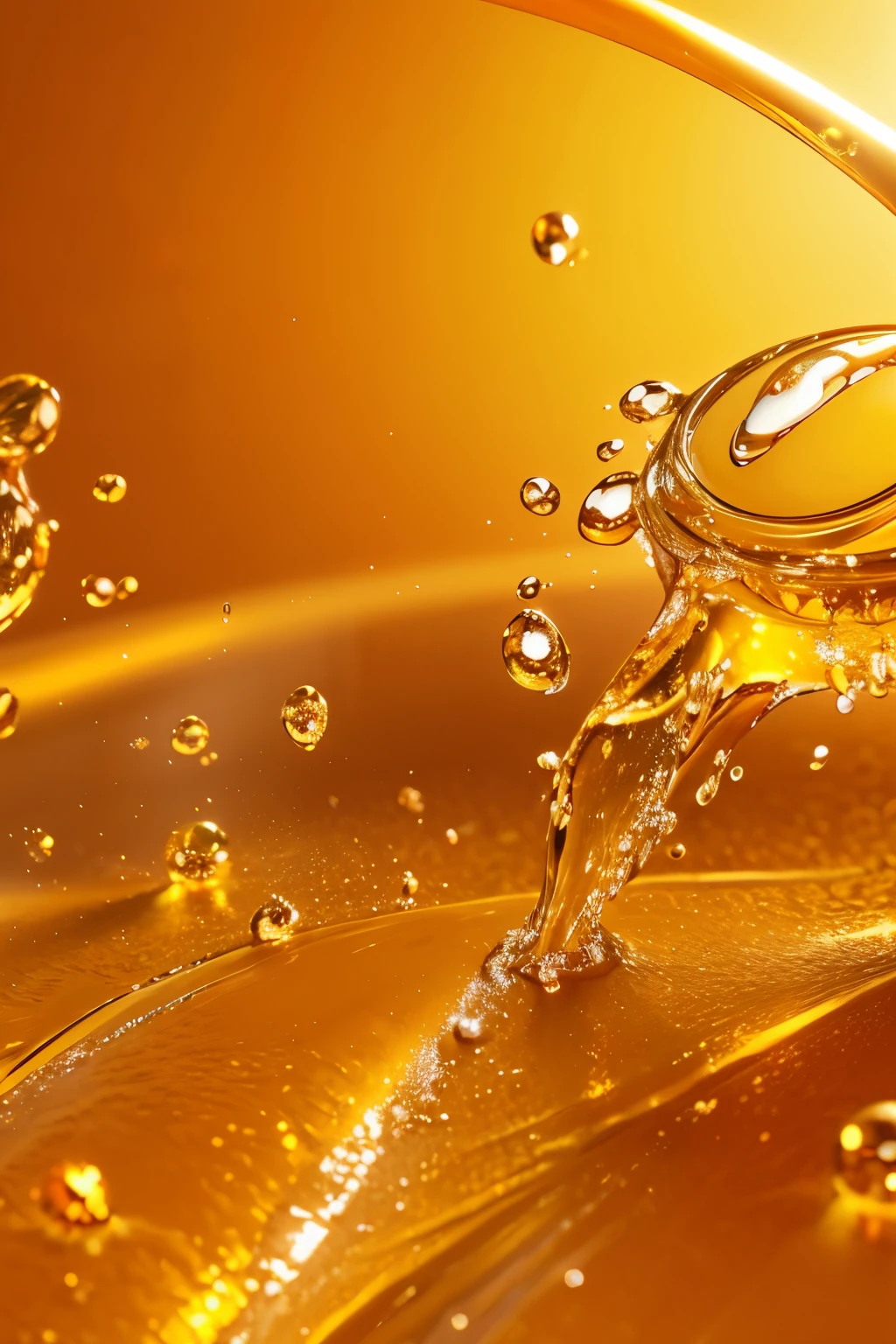 Golden orange background,oil and water, Physically based rendering style, Soft round molecular structure,金Water molecules,water dripping,Oil droplets,Water molecules,Ultra-fine details