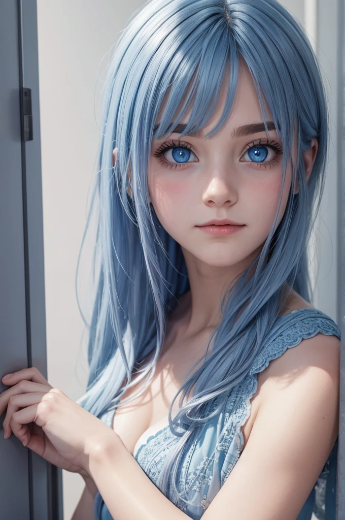 Blue delicate eyes, embarrassed, blushing