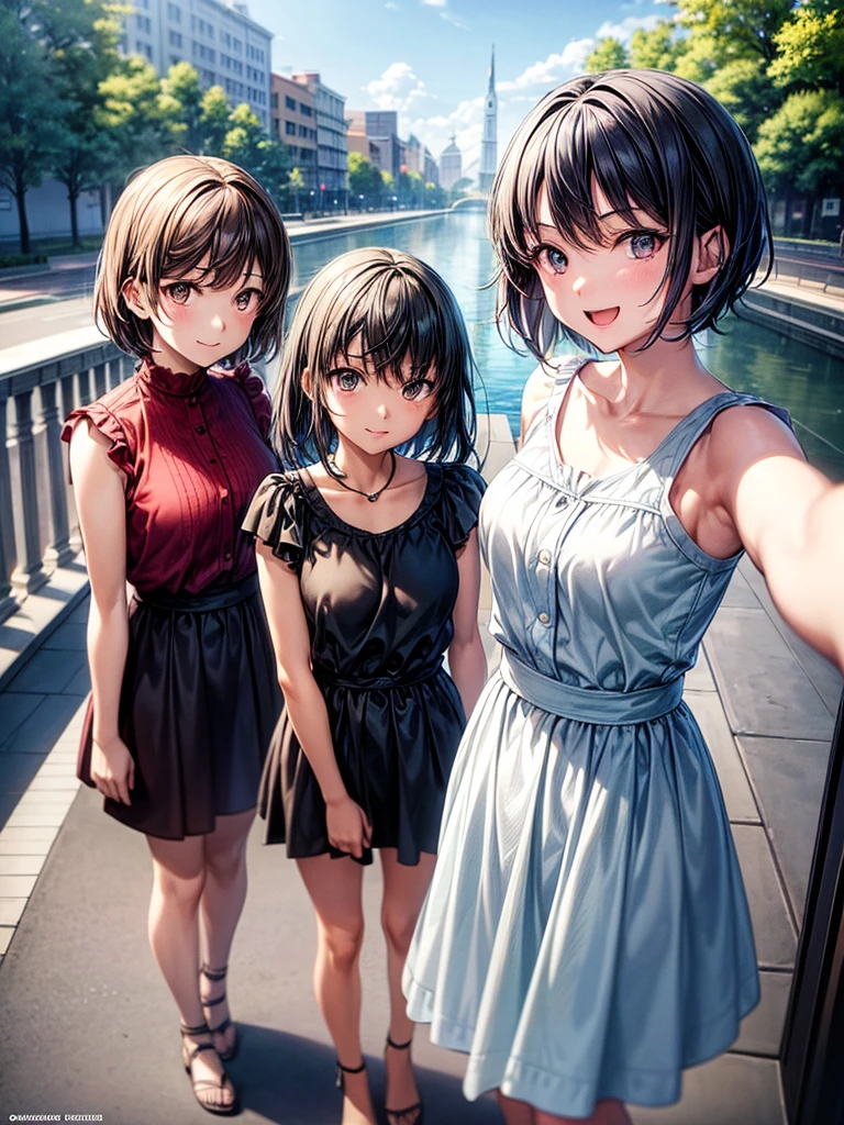 (Flat Color: 0.8), (Masterpiece: 1,2), (Masterpiece: 1,2), Hi-Res, Ultra High Detail, Best Quality, High Resolution, Ultra-fine Illustration, Makoto Shinkai Style, Your Name Is Style, Short Bob, 3 Women, Plain Clothes, Laughing, Big, Dynamic Pose, Selfie, Upper Body