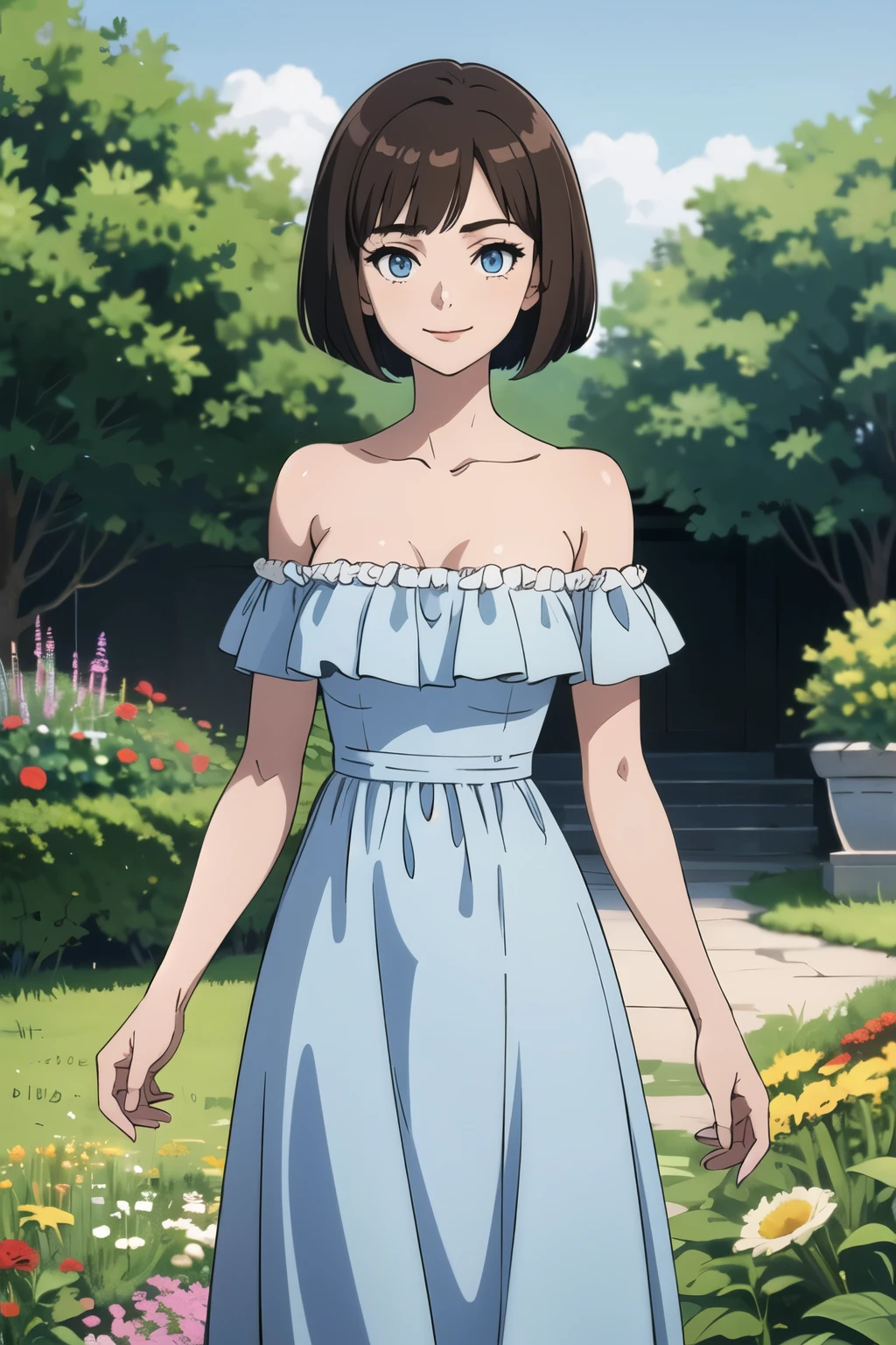 Bianca, brown hair, bob cut, medium hair, blue eyes, soft skin, smile, Light Blue Dress, Strapless Light Blue Dress, Ruffle Off-the-Shoulder Top, Off-the-Shoulder Dress, Long Skirt, anime, masterpiece, best illustration, 2d, very high resolution, 1girl, garden background.
