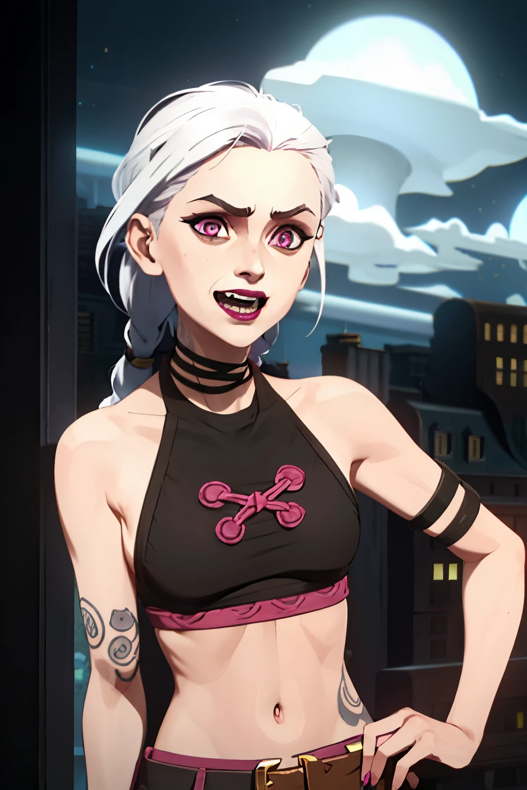 arcane style, 1girl, arm tattoo, asymmetrical bangs, bangs, white hair, braid, brown shirt, cloud tattoo, looking at viewer, laughing, crazy, uncontrollable laugh, mad look, night, city, white pig tail hair, long hair, midriff, pink eyes, red lips, shirt, solo, standing, tattoo, twin braids, upper body, arcane jinx, jinx \(league of legends\)
