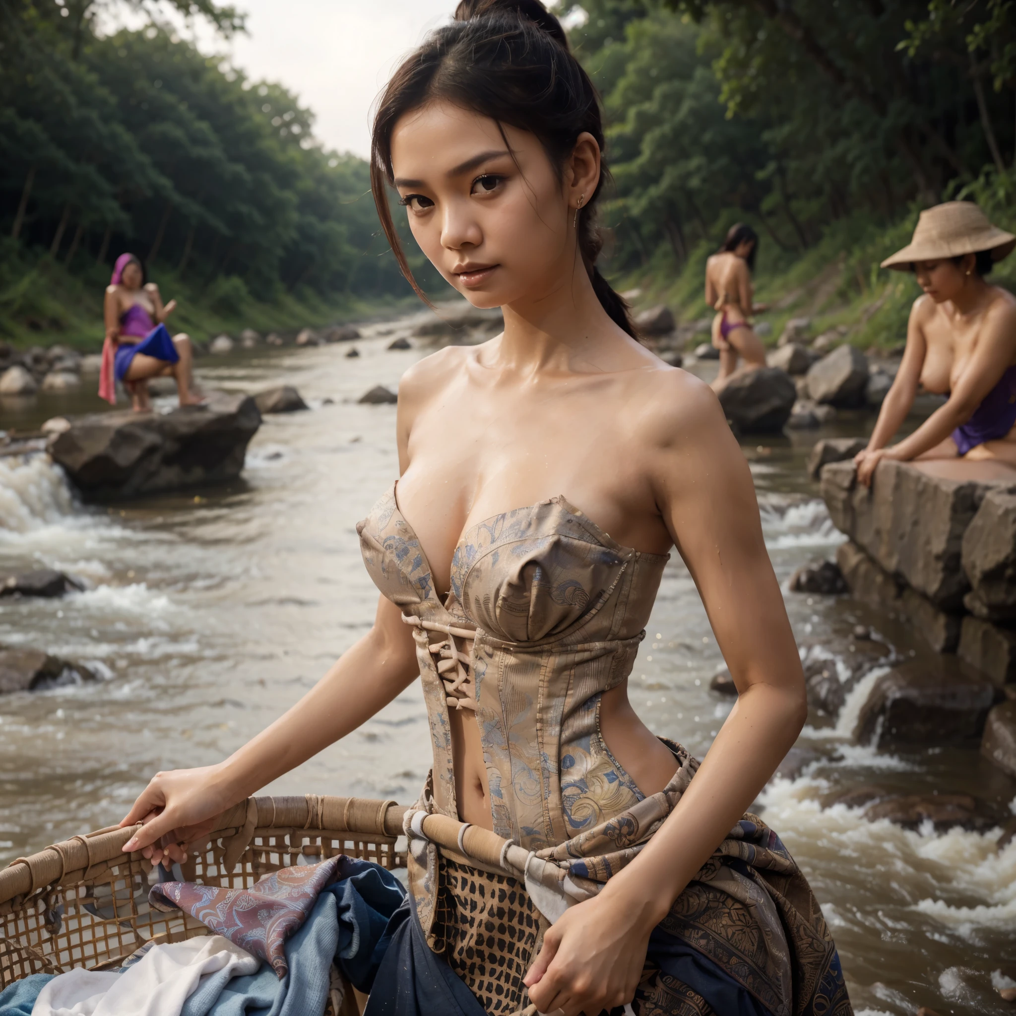 generate an indonesian lady wearing luxury tight bustier linen kemben, batik tight long skirt, short ponytail hair, shoulders, collarbone, slim waist, ((gigantic breast:1,9), washing cloths at the river, the aura is really beauty, make the picture looks so lovely, masterpiece, full body picture, hyperdetail, 8k, ambient effect, digital effect, nsfw, completly naked, nude, nipples